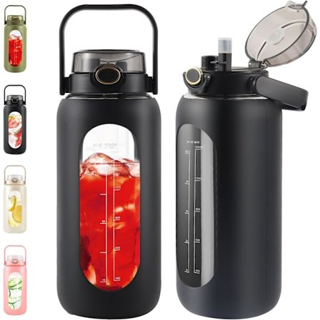 2 liters glass vannflaske med sugerør og håndtak - 64oz motiverende vannflaske med tidsmarkør og silikonhylse