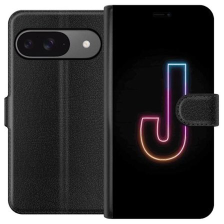Yhteensopiva Lompakkokotelo Google Google Pixel 9 Pro Minimaalinen neonkirjain J värien vaihtuessa valossa mustaa taustaa vasten