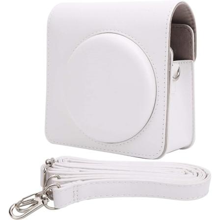 Axelkameraväska, bärbar läderkameraväska med axelrem, passar för Instax Square Sq1-kamera (1 st, vit)
