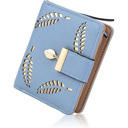 Naisten lyhyt lehti kaksiosainen lompakko (sininen), pieni kompakti PU-nahkalompakko lehtiriipuksella, kolikkoketjulla, useilla korttipaikoilla ja 