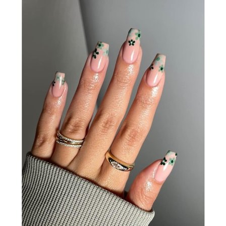 Lyhyet Ballerine-tekokynnet Vihreä Kukka Paina Kynnet Kiiltävät Tekokynnet 24 Kpl Akryyli Liimaa Kynnet Naisille Ja Tytöille