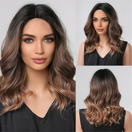 Svart Brun Blandet Gylden Kort Bob Syntetisk Hår Parykker Med Lugg For Kvinner Vann Bølge Naturlig Parykk Cosplay Varmebestandig Parykk(LC2002-1)