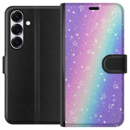 Kompatibel Tegnebogsetui til Samsung Galaxy S25 Rainbow-farvet pastelbaggrund med hvide stjerner og glitrende prikker i blød overgang