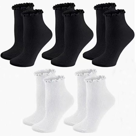 2 hvide 3 sorte; Størrelse: One Size - Par af kvinders bomulds sokker med flæser og pyntekanter i sort og hvid, sjove og moderne ankelsokker til 