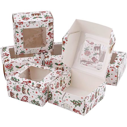 24 stk. Mini kakebokser til jul, 7,6 cm Julekakebokser Bakeribokser, Hvite kakebokser med klart vindu, Julegodtebokser til bakeri