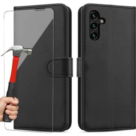 Pung etui til Samsung A04s Effekt sort læder + 2 hærdede briller