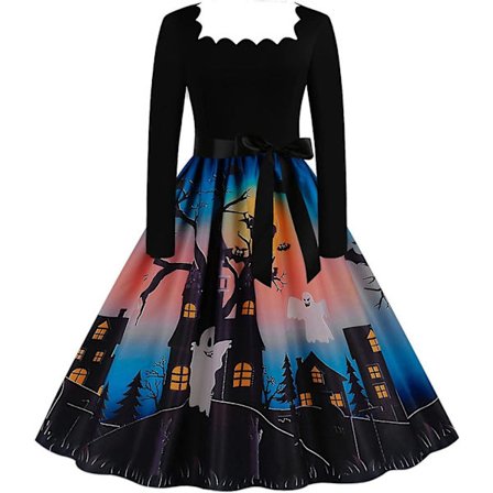 Halloween-festkjole til kvinder - Halloween-kjole med lange ærmer til voksne - Retro-afslappet print græskar-festkostume lang