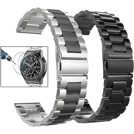 2-pack solida metallarmband i rostfritt stål för Samsung Gear S2/Gear Sport 20 mm, silver/svart+svart.