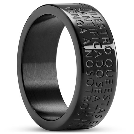 Unity | 8 mm czarny pierścionek z Modlitwą Pańską po hiszpańsku dla mężczyzn - Stalowe pierścionki