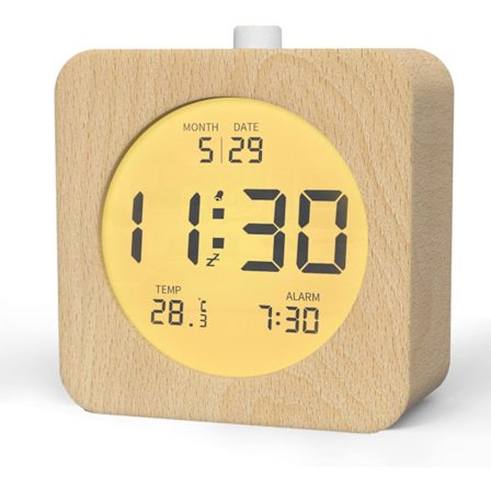 Digitalt vækkeur, træ vækkeur til natbord med LCD-display, snooze-funktion, natlampe, batteridrevet ur til soveværelse, lyst træ