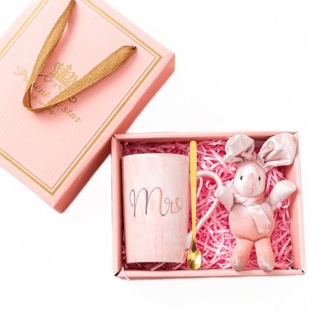 Marmortryk tekop gavesæt, inklusive keramisk kop, kanindukke, drikkevarer, bryllupsgave, takkegave (Sæt 1)