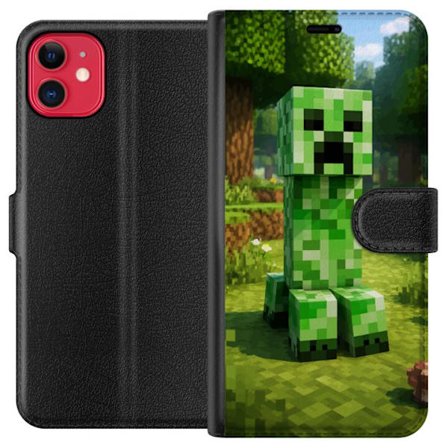 Kompatibelt Plånboksfodral till Apple Apple iPhone 11 Block-baserad Creeper-figur i en grön pixell värld, ikonisk spelillustration för barnrum, ga