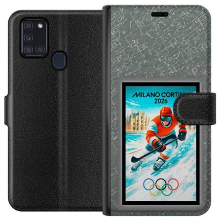 Yhteensopiva Lompakkokotelo Samsung Galaxy A21s Curlingkuvitus pelaajilla ja kivillä jäällä, Milano Cortina 2026, lumisia roiskeita ja olympiasormukse