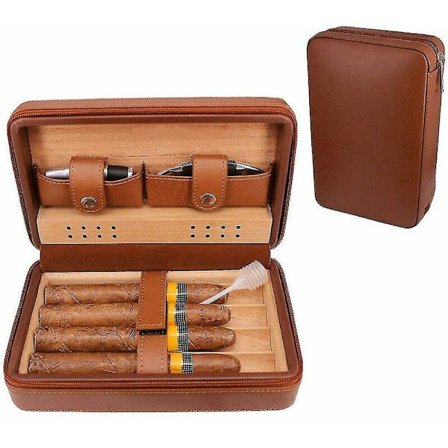 Læder cigar etui, bærbar med cedertræ og fugtighedsbevarende middel til 4 cigarer