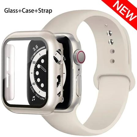 Glas+ Case+ Rem För Apple Watch -band 44mm 45mm 42mm 41mm 40mm 38mm Silikonarmband iWatch-serien 8 9 7 6 5 4 3 SE 71 starlight 42mm series 321