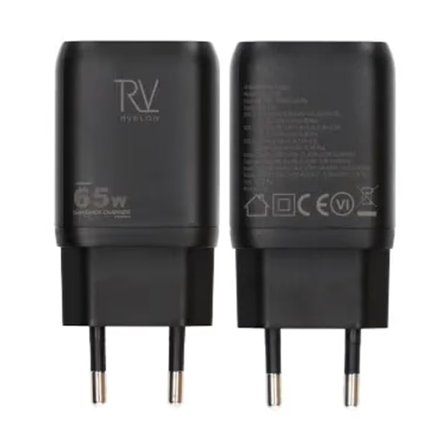 Rvelon Väggladdare 2x USB-C + USB-A 65W GaN - Svart