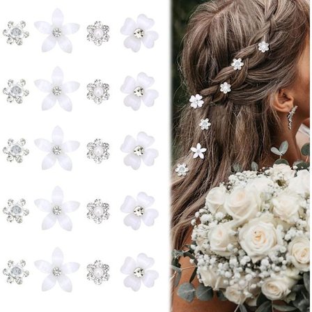 ING 20 Mini Hårklemmer med Blomster og Rhinestones - Hårklemmer til Bryllupsdekor - Hvite Hårklemmer