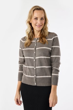 JENSEN - Langærmet Cardigan - Råhvid / Kold Brun - Stribet