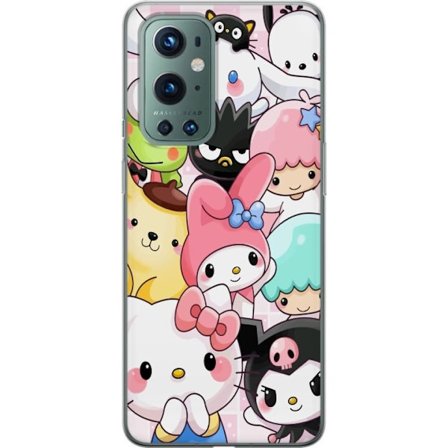 Kompatibelt Mobildeksel til OnePlus 9 Pro Tett mønster av søte figurer med store øyne i ulike farger og uttrykk med LABUBU-tekst