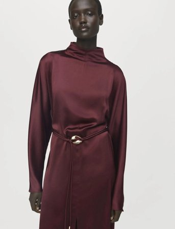 Mango Belt Satin Dress - Burgundy - L