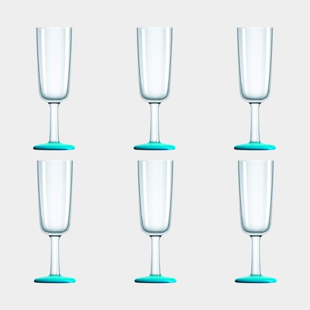 Copas de champán de plástico Palm Flute Bleu Lagon, antideslizante, transparente/turquesa, 18 cl, paquete de 6