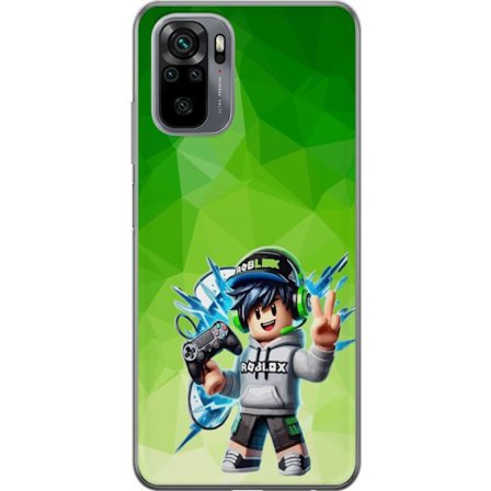 Kompatibelt Mobildeksel til Xiaomi Redmi Note 10 Roblox-inspirert gamerfigur med headset, håndkontroll og energiske effekter mot grønn bakgrunn