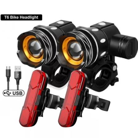 Polkupyörän valot Pyörän valo Ohjaustangon valo USB -ladattava lamppu Zoom pyörän ajovalo 2T6 Headlight Set