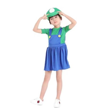 Super Mario Luigi Bros cosplay kostume til børn, grøn pige, str. XL: 140 cm
