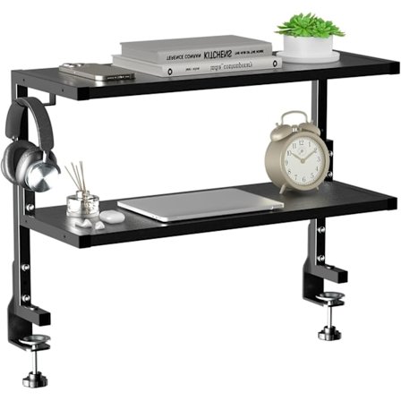 Kiinnitettävä työpöydän järjestäjä, 2-kerroksinen hylly, ylä- tai alapuolelle, mukautetut tilatarvikkeet, keittiöhylly, musta