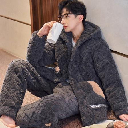 Pyjamas herr nattkläder höst och vinter plysch korall sammet tre lager bomullsvadderad jacka extra tjocka hemkläder 11 L