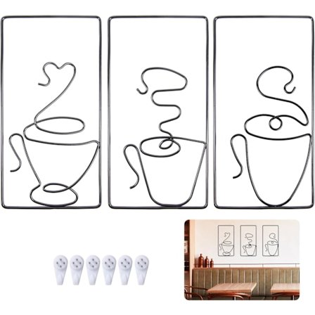 Metalliseinäkoriste, Koristeelliset Rautaseinäkehykset Kahvikupin Minimalistinen Seinätaide Kahvilakeittiö Tehuone Ravintola Pub Deko, 3 kpl Musta, 24