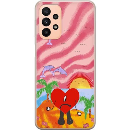 Kompatibelt Mobildeksel til Samsung Galaxy A23 Bad Bunny i en fargerik quiltet jakke med hjertemønster og solbriller i moderne gatestil