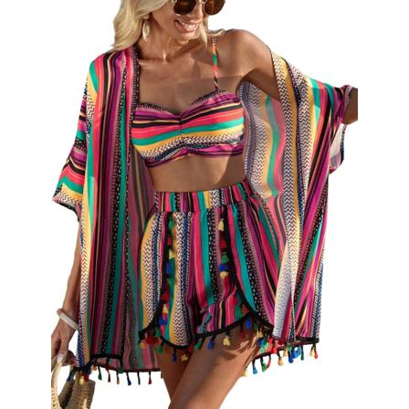 dusa Dam 3-delat set med kortärmad öppen kimono och boho cami-topp och tofsprydda tropiska shorts, lila, X-Large