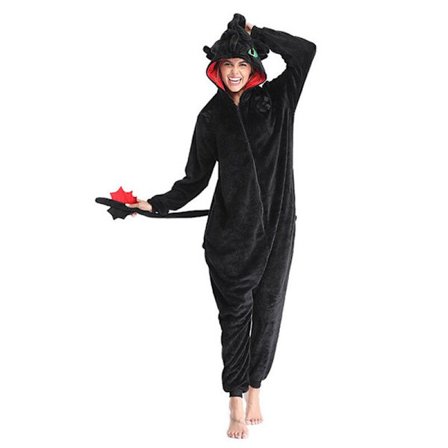 How to Train Your Dragon Toothless Kigurumi Dame Vinter Flanell Dyre Onesie Søt Cosplay Nattøy Jumpsuit Pyjamas Svart