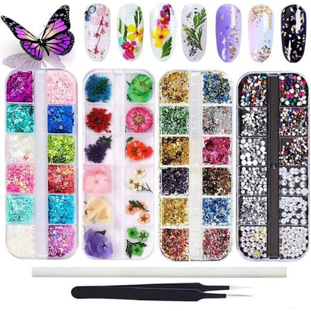 Butterfly Glitter Nail Paljetter Set, Torkade blommor för Nail Art Nail Glitter Foil,