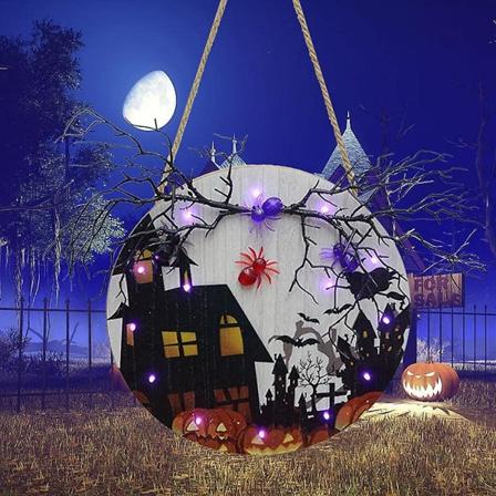 Halloween dekorativt hengende skilt, led lys spøkelse edderkopp tre veggskilt lønneblad velkomstskilt for inngangsdør familiesamlinger