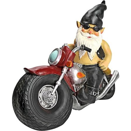 Havefigur af dværg på motorcykel i resin til haven, gårdhave statue