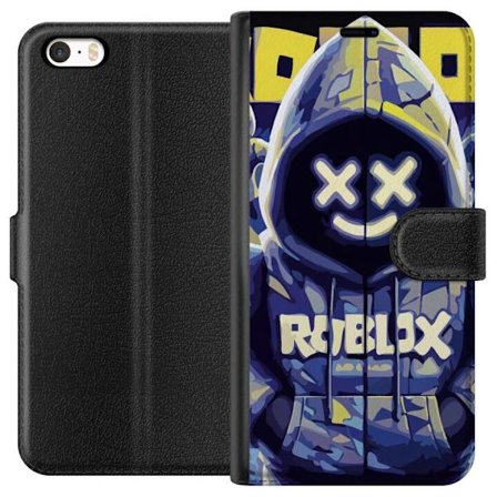 Kompatibelt Lommeboketui til Apple Apple iPhone SE (2016) Blågul Roblox hettegenserfigur med minimalistisk neonstil og masket ansikt, moderne spillil