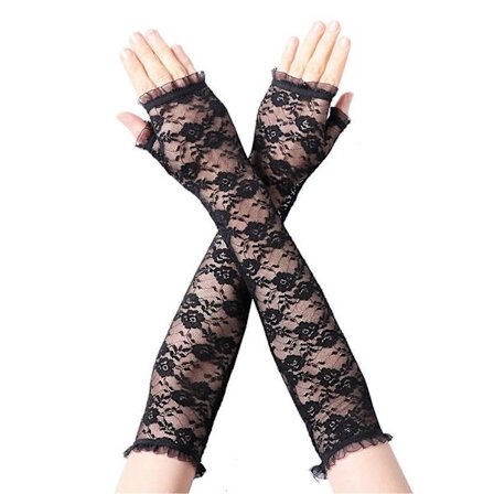 UV-beskyttende armermer med blonde, blomstrete blondeermer for kvinner, lange solkremhansker med hull, fingerløse kjørehansker, svart