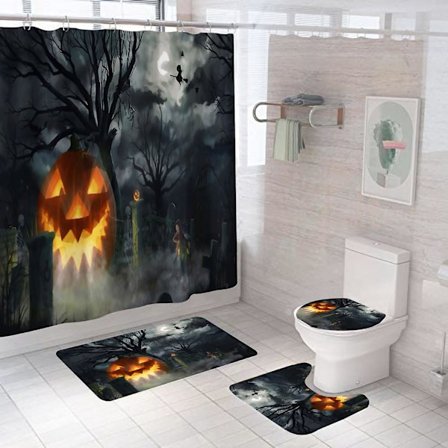 Halloween Leprechaun Pumpa Duschdraperiuppsättningar, Generisk Halloween Badrumsdekor Set 71 Tum X 71 Tum - Duschdraperi Med Matta, Toalettlockskydd,