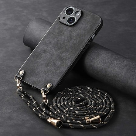 Fodral för iPhone16pro svart kedja crossbody enfärgad hudkänsla armband handledsrem