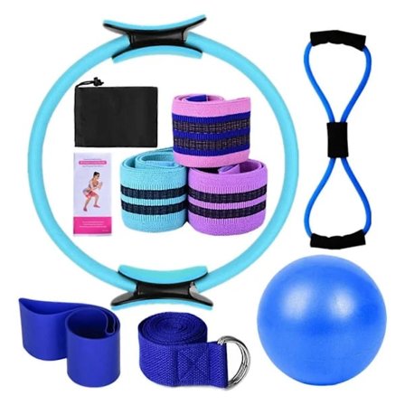 [CA] Yoga Fitness 11-delt sett Pilatesutstyr Tilbehør for hjemmetrening, Ring, Motstandsbånd, Booty Bands, Yogaball & Stretchband Blå