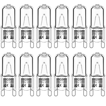 12-pak G9 Halogenpærer 33W 230V 2800K Varm Hvid 380lm, Klar Kapsel Halogenpærer Dæmpbar, Ingen Strobe, Intet Flimmer[mo][CO]
