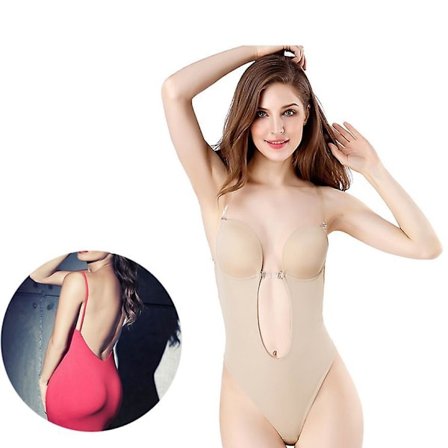 Women's Deep V-neck Body Shaper Strapless Backless Bra Bodysuit Shapewear U Plunge Seamless Thong Beige