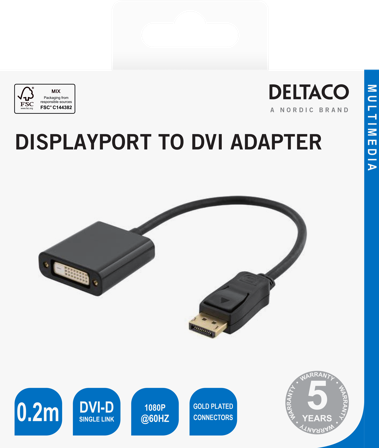Deltaco DVI-I Single Link - DisplayPort adapter, 1080p 60Hz, 0.2m