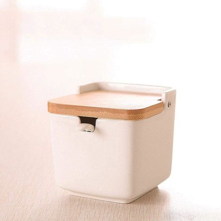 Hvit Keramisk Sukkerkrukke Krydder Skje Brettsett med Lokk (Enkel Krydderkrukke)