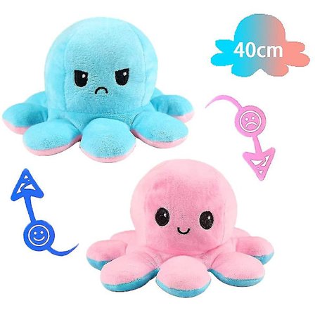 40 cm stor, vendbar blekksprut-bamse - Vendbar glad/trist blekksprut - Plysjleke - Vis humøret ditt uten å si et ord! Lilla og blå