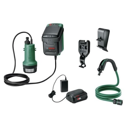 Bosch nedsänkbar pump - GardenPump 18V-2000 (med väggfäste och tank samt 2,5 m vattenslang)