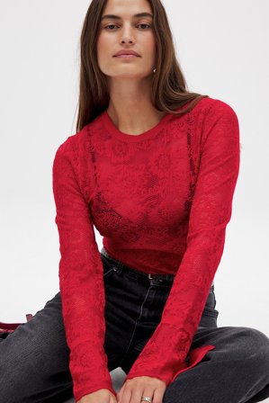 NA-KD Haut en maille de dentelle à encolure ronde - - Rouge - XS