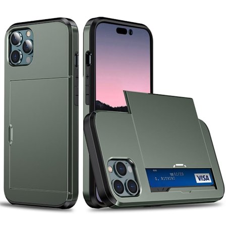 SKALO iPhone 14 Pro Armor Suojakuori korttikotelo - Vihreä